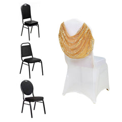 White Spandex Fitted Banquet Chair Cover with Gold Sequin Ruched Swag Back and Foot Pockets, Durable Slip-On Slipcover