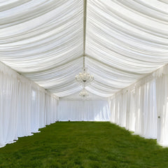 White Stretch Spandex Tent Ceiling Drape – 25ft x 36ft 100GSM Wrinkle-Free Fabric Ceiling Liner with Pole Pockets, Standard