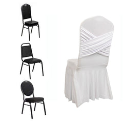 White Spandex Banquet Chair Cover with Ruffle Skirt & Cross Back Sash – Stretch Slipcover for Events