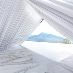 White Stretch Spandex Tent Ceiling Drape – 25ft x 36ft 180GSM Wrinkle-Free Fabric Ceiling Liner with Pole Pockets, Premium