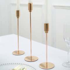Set of 3 Taper Candle Stands Gold Metal Decorative Round Base Design - Wedding Table Accents 9", 10", 13"